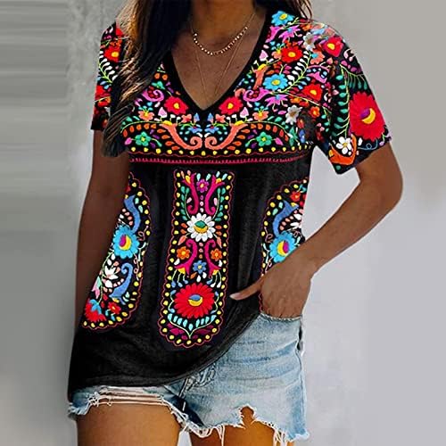 Ženska modna majica Etničko cvjetni print tunički vrhovi V izrez kratki rukav Toes 2023 ljetne casual bluze