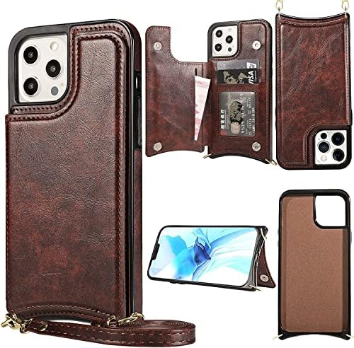 SDUTIO Crossbody Lanyard Case za iPhone 14/14 Plus / 14 Pro/14 Pro Max sa držačem za kartice, Flip Premium kožna tanka stražnja torbica za novčanik magnetna kopča otporna na udarce (Boja : Roze, veličina: 14ProMa