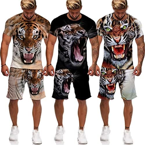 Keusyoi Summer 3D Tiger timed muške majice kratke hlače za trčanje trenerke za životinje uzorak dva komada