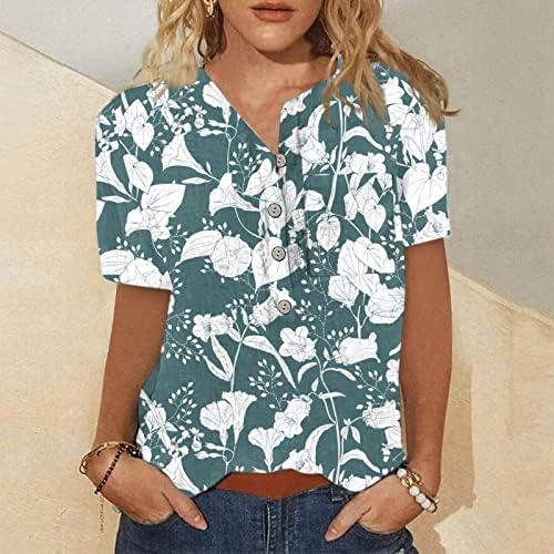 Tops for Women Dressy Casual Floral Printed Tee Shirts Leisure Split V izrez dugmad bluze Loose Fit tunika