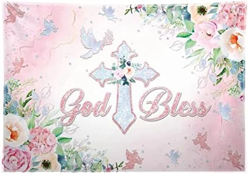 68x45inch God Bless Backdrop for First Holy Communion Christening Background Baptism Party Banner Floral Boy Baby Blue Shower Dove Angle Party Supplies Decorations Photoshoot Gifts
