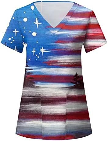 Majice za 4. jul za žene američka zastava ljetna kratka rukava V vratna košulja sa 2 džepa bluze praznična