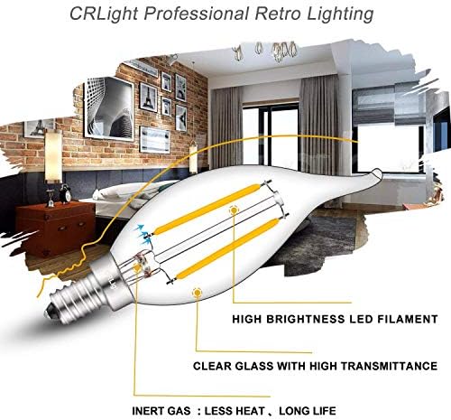 CRLight LED kandelabra sijalica 25W ekvivalentna 250LM, 3000k meka Bijela 2W filament LED luster sijalice, E12 baza Vintage Edison CA11 sijalice od prozirnog stakla, verzija bez zatamnjivanja, 12 pakovanje