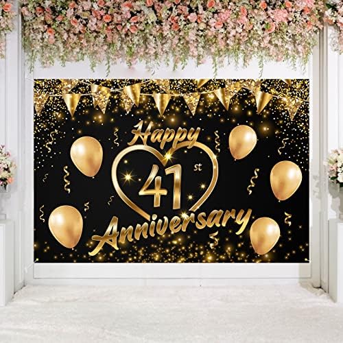 Sretna 41. godišnjica pozadina Banner Decor crno zlato-Glitter Love Heart Happy 41 godina godišnjica vjenčanja Party Tema dekoracije za žene i muškarce potrošni materijal, 3.9 x 5.9 ft