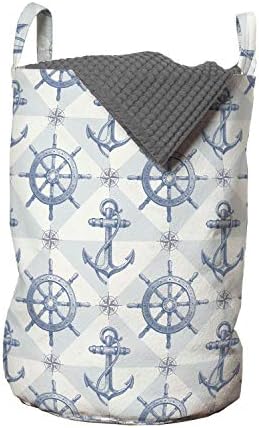 Lunarable Nautical torba za veš, ručno nacrtano Sidro kompasa sa brodskim volanom Nautical Marine, korpa