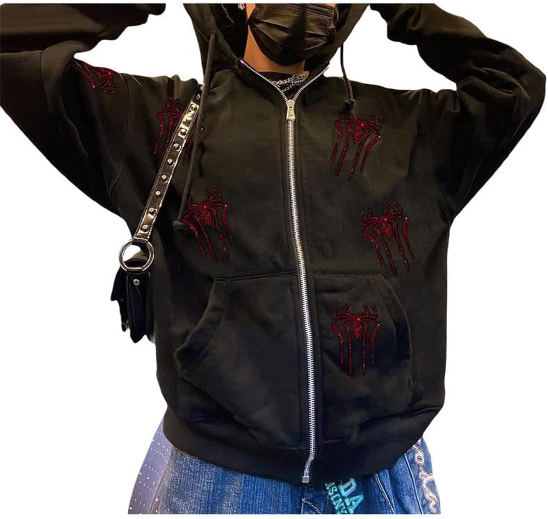 Žene Y2K grafički zatvarač up dukseve Vintage Rhinestone Gothic Punk Grunge jakna s džepovima prevelika
