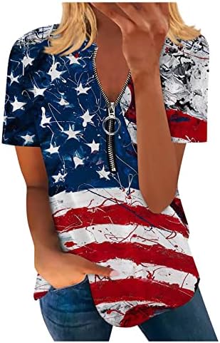 ZEFOTIM 4. srpnja Košulje žene 2023. kratki rukav V izrez Ležerne ljetne trendi američke zastave Tuničke