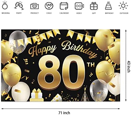 Znak pozadine natpisa za sretan 80. rođendan, izuzetno veliki zlatno Crni pribor za rođendanske zabave dekoracija