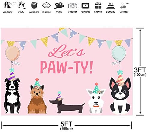 5x3ft Puppy Dog Hretan Rođendan tematske pozadine Let's Paw-ty Doggy Pet Pink Girl pozadina za fotografiju