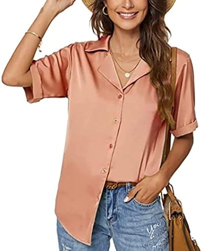 Ženski kratki rukav satenski vrhovi udobnosti glatkog gumba otvorenog reverske košulje Standardno-fit Business casual bluza Office Solid Tee