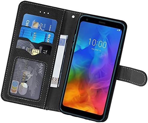 Asuwish kompatibilan sa LG Q7 Q7+ Plus 7q Alpha novčanik slučaj i kaljeno staklo zaštitnik ekrana Flip držač kreditne kartice stalak Lanyard Cell Accessories poklopac telefona za LGQ7+ Q7plus Q7a žene muškarci crni