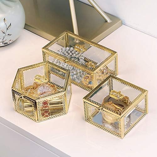 Kutija za odlaganje stakla, mali kutija za odlaganje nakita, otporan na prašinu, prozirni, metalni + stakleni materijal, čipkalne zlatne ivice, božić, rođendan i vjenčanje,