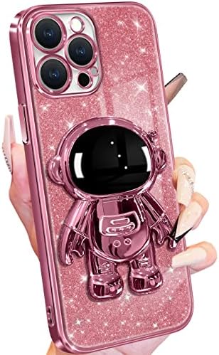 Buleens za iPhone 12 Pro Max Case Astronaut, jasni slučajevi za iPhone 12 pro max sa sjajnim papirom i štandom od Spacemana, ženske djevojke slatka elektroplata za 12 promax ružičasta