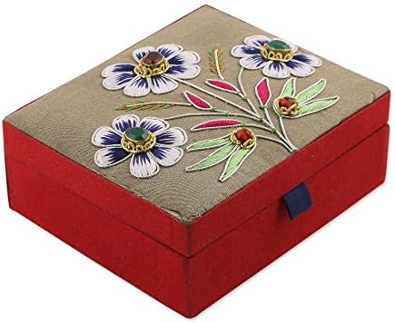 Novica cvjetna pamučna kutija za nakit, smeđa i crvena, plemenito cvijeće '