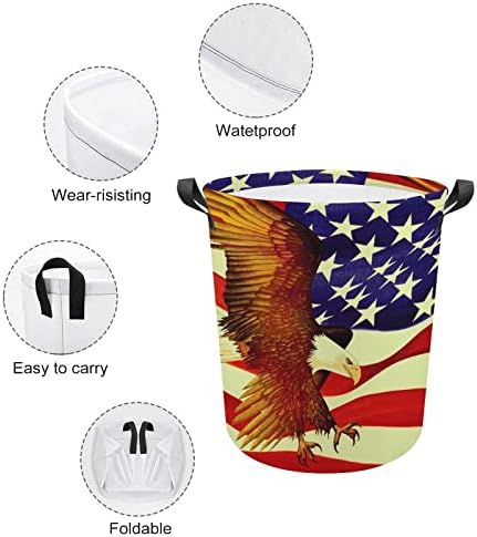 Okrugla korpa za veš sa američkom zastavom ćelavi Orao sklopiva vodootporna korpa za prljavu odeću sa ručkama torba za odlaganje kante za pranje