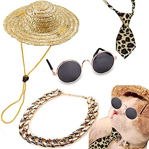 4pcs cat naočale CAT Gold lanac kratkih vrata i slamki, modni hladni sunčani naočale Podesivi kućni ljubimac Zlatni set Classic Funny Pet Pribor za mačke i male pse