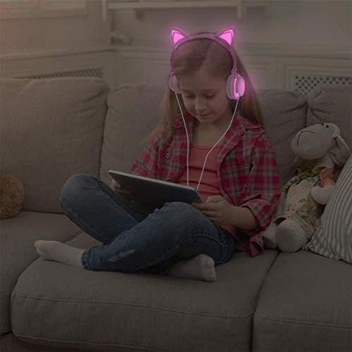Olyre ožičene dječje slušalice sa MIC-om, na slušalica za uho Audio 85DB Kitty slušalice sa LED svjetlom gore za poklon djevojke dječake tinejdžeri tinejdžeri računarski tablet pc ipad pametni telefon - ružičasta