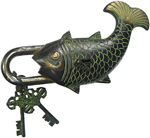 Antique Style Fish Type lonac - brava s ključem - mesinga izrađena - crna - katanac