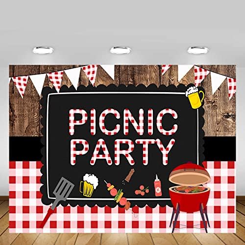 MEHOFOND piknik Rođendanska zabava pozadina Baby Shower BBQ rustikalno Drvo Crvena Gingham fotografija pozadina