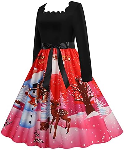 Spandex haljine za scoop za tinejdžerke grafički odmor s dugim rukavima Božićne haljine visokog struka žene
