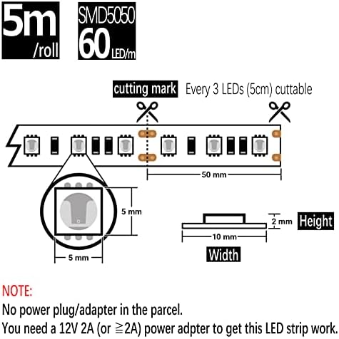 HAUTY žuta LED traka, 16ft / 5m SMD 5050 300 LED DC12V fleksibilna LED traka za sečenje