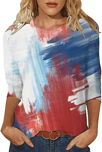 Žene 3/4 rukava s rukavima 4. jula Patriotski print Okrugli vrat Top casual bluza Košulje Flowy Lase Tees