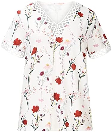 Košulje za žene Flor Cvjetni ispis Knokičaj čipke TRIM V izrez Top Casual Bluzes Pulover Košulja Labavište