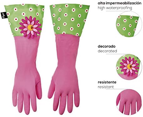 Vigar Pink Latex rukavice za pranje posuđa sa produženom manžetnom sa motivom snage cvijeća, dugačke 16-7