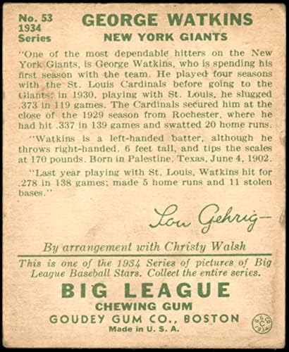 1934 Goudey 53 Yel George Watkins New York Giants Dobar divovi