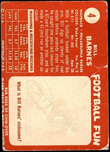 1958. TOPPS 4 Bill Barnes Philadelphia Eagles Fair Eagles Wake Forest