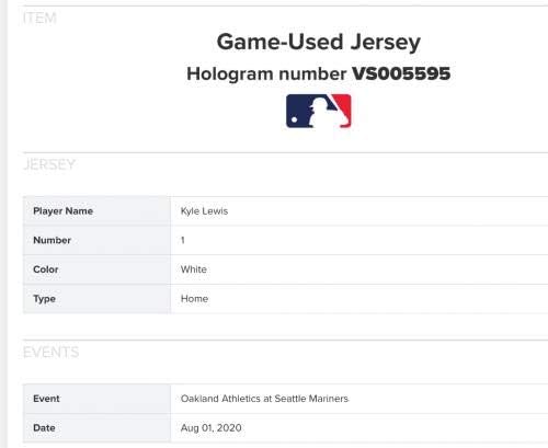 2020. Kyle Lewis Mariners Igra Polovni rookie of the Gosedac Baseball Jersey MLB Auth - MLB igra Rabljeni